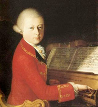Painting of Wolfgang Amadeus Mozart sitting at a harpsichord. Painting of Wolfgang Amadeus Mozart sitting at a harpsichord.